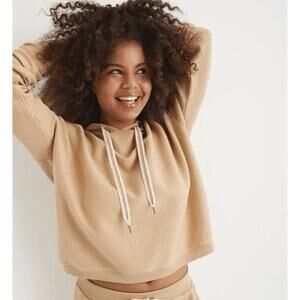 Aerie New Love Corded Cropped Hoodie Sweatshirt Tan Size Small Ribbed Pullover